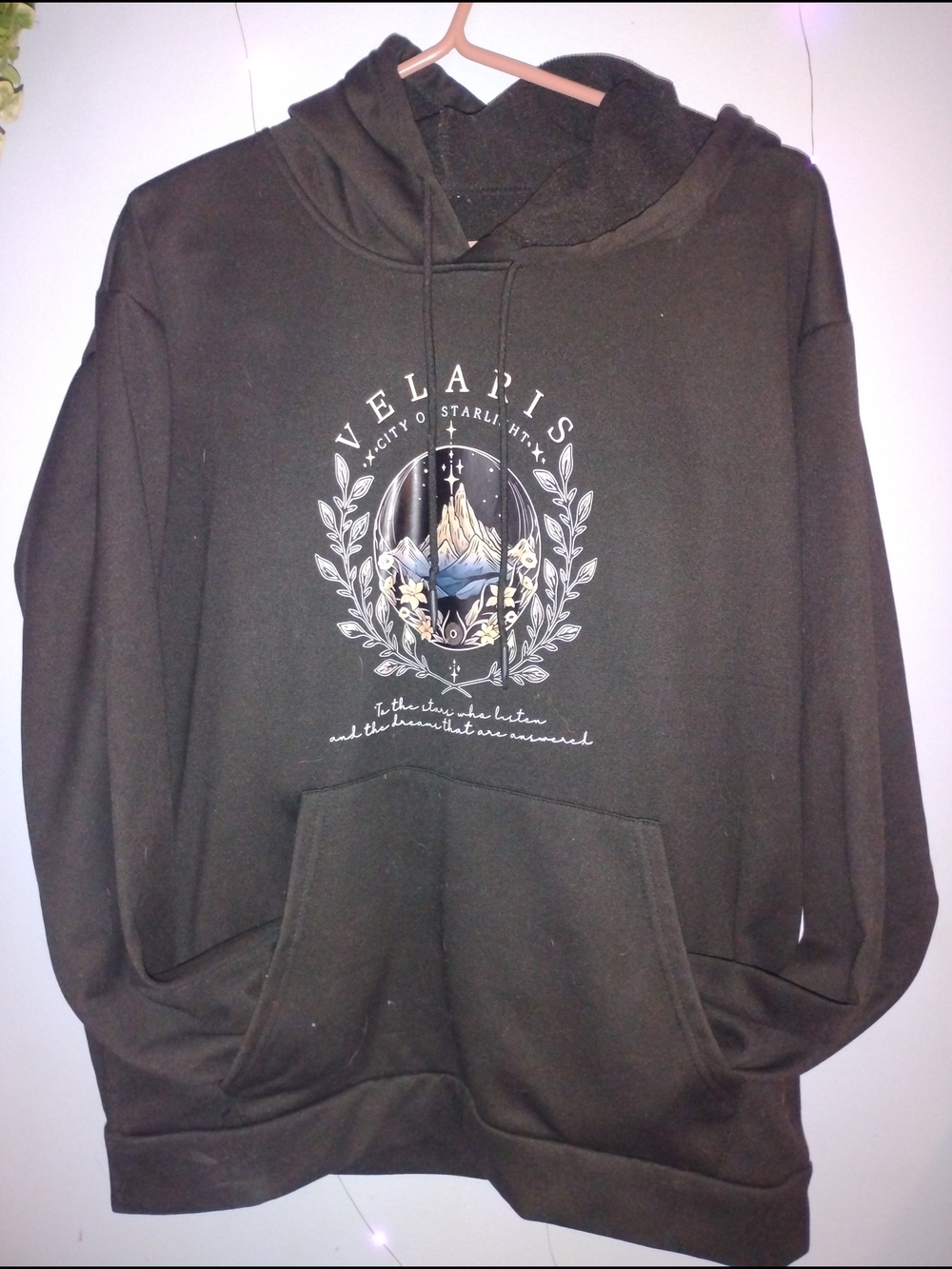 Velaris Black Hoodie with Mountain Laurel Graphic